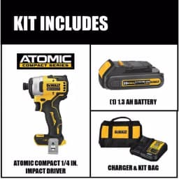 DEWALT 20V MAX ATOMIC 1/4 in. Brushless Compact Impact Driver Kit with 1.3Ah Battery, Charger & Bag thumbnail 2