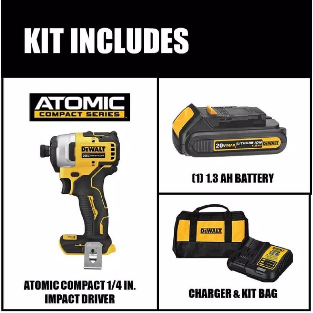 DEWALT 20V MAX ATOMIC 1/4 in. Brushless Compact Impact Driver Kit with 1.3Ah Battery, Charger & Bag