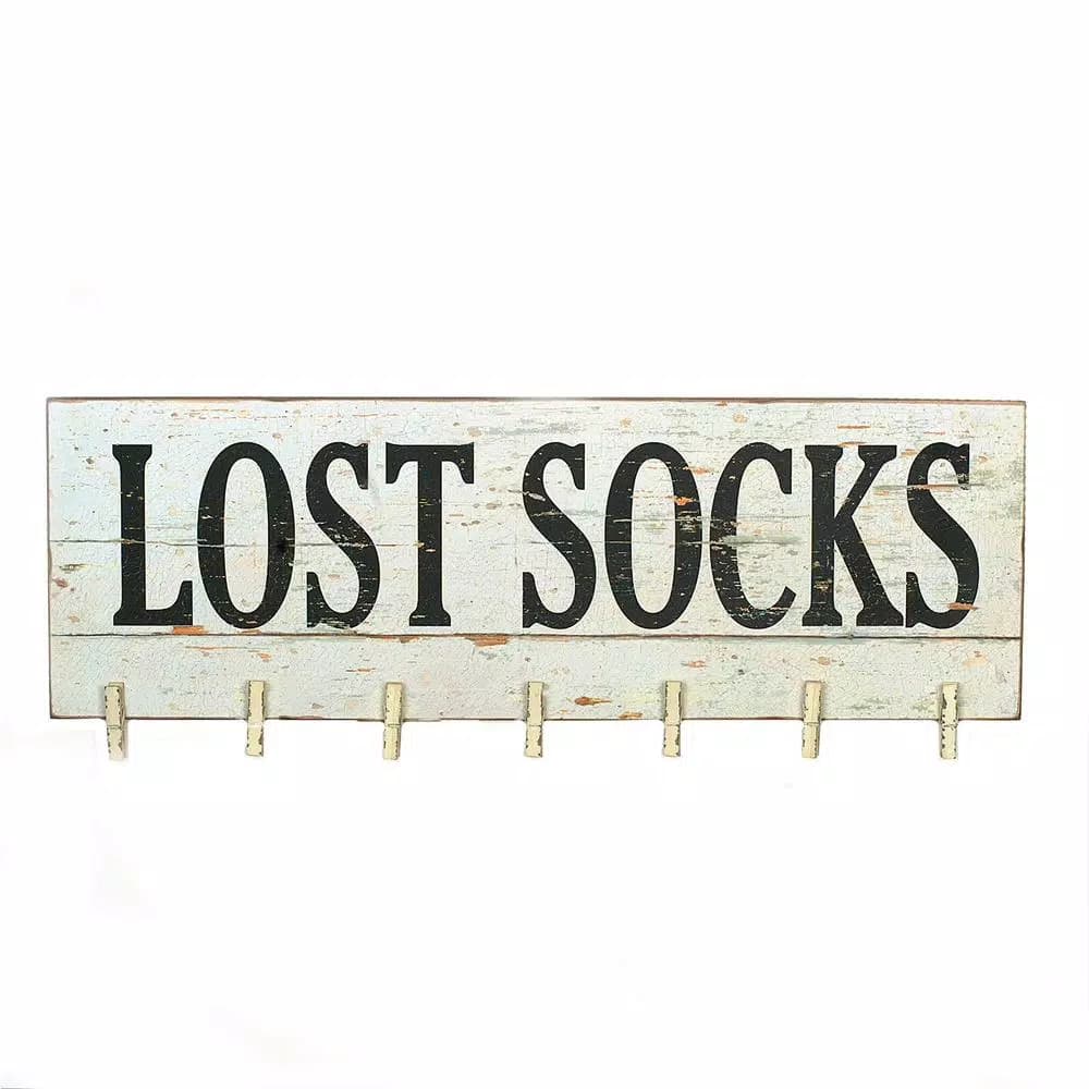 3R Studios Lost Socks Wood Wall Decor Memo Board with 7 Clothespins - Farmhouse Laundry Room Sign