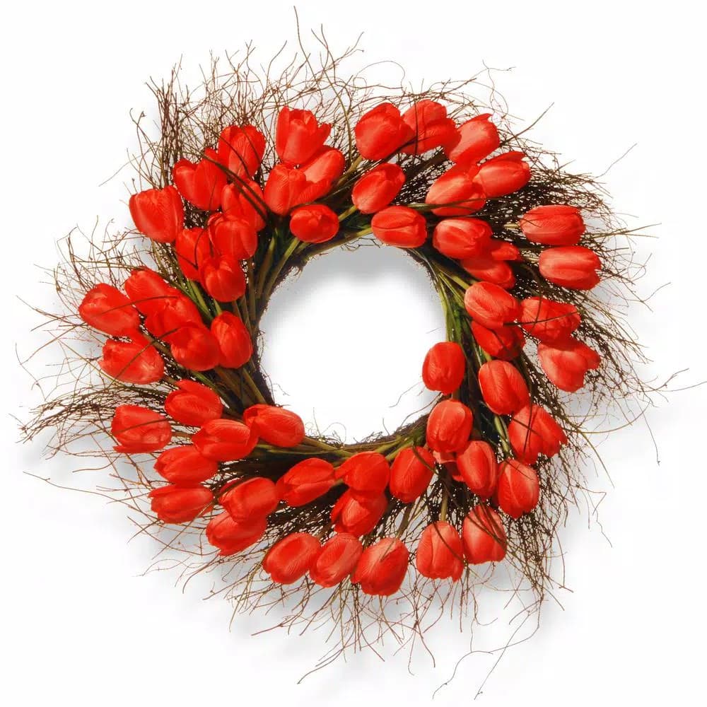 National Tree Company 24 in. Red Tulip Floral Wreath - Rustic Fabric Flower Wreath for Indoor and Covered Outdoor Decor