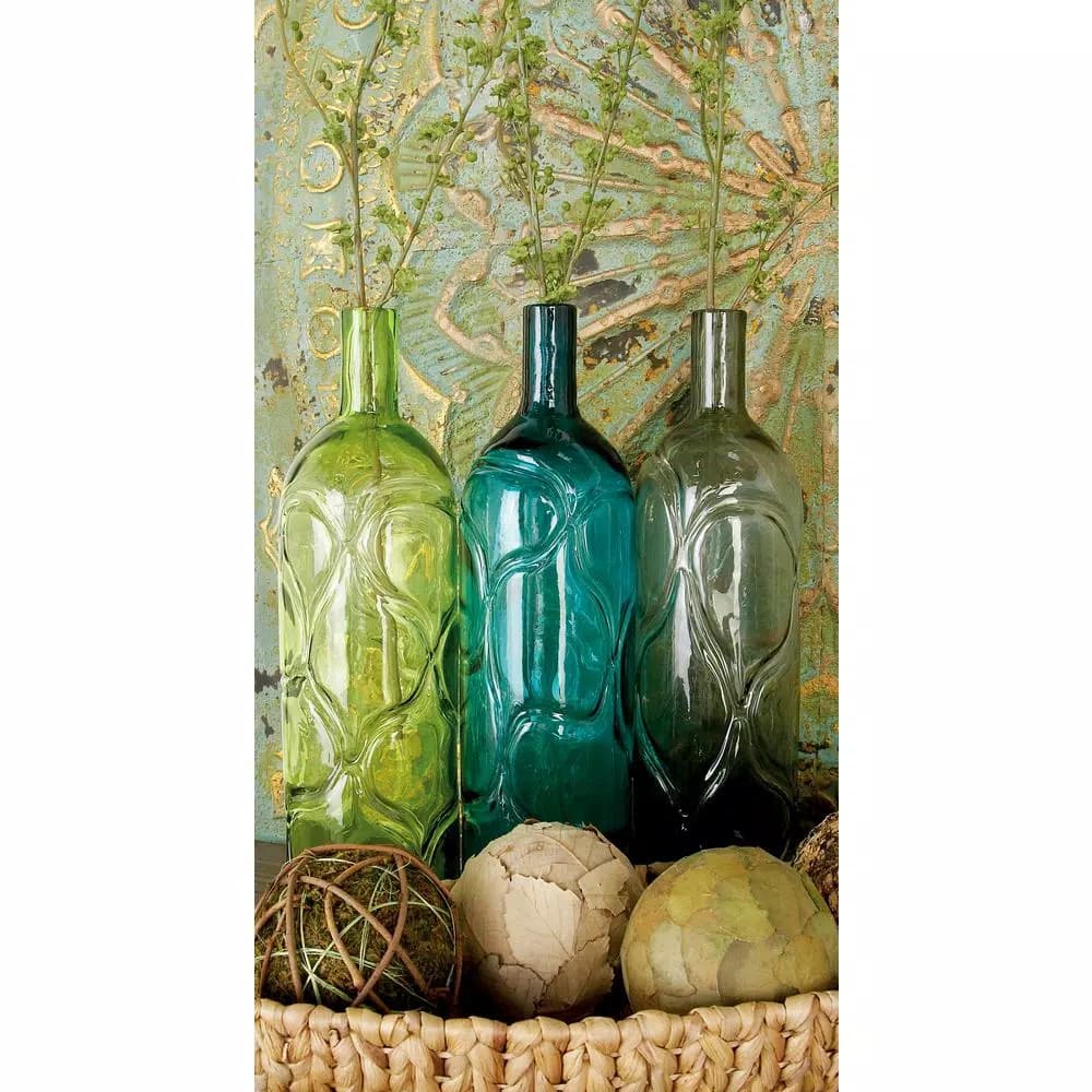 LITTON LANE 16 in. Polished Glass Spouted Vases with Geometric Embossed Embellishments, Set of 3