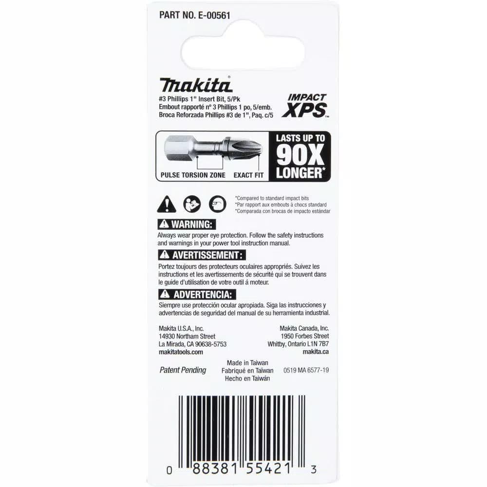 Makita ImpactXPS #3 Phillips 1 in. Insert Bits, 5-Pack