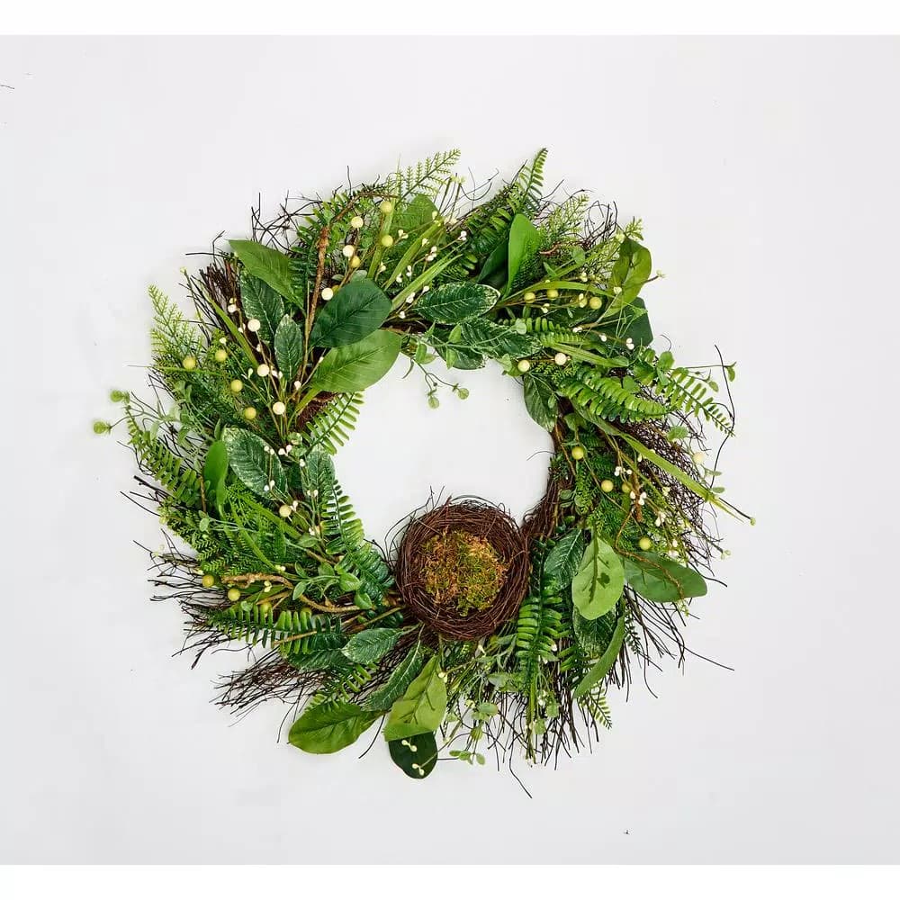 Worth Imports 24 in. Green Leaves, Berries and Nest Wreath on Natural Twig Base