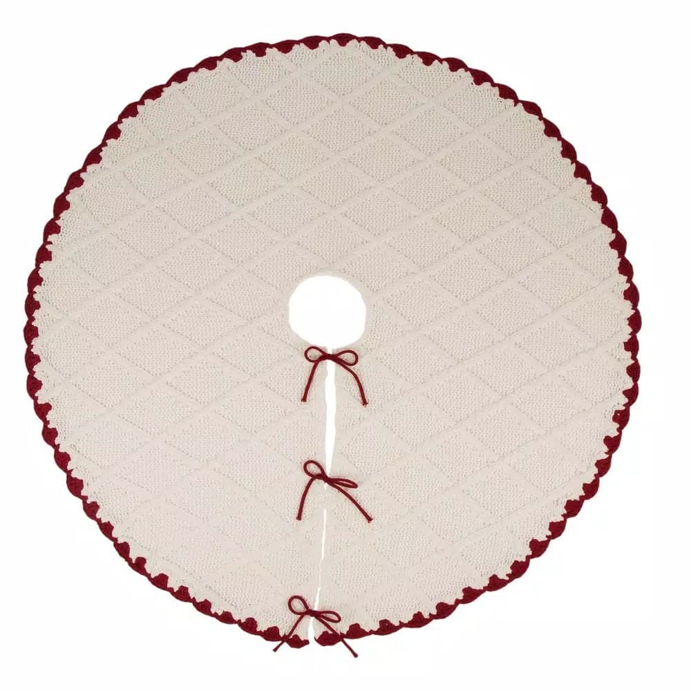 Glitzhome 52 in. White Knitted Chenille Christmas Tree Skirt with Red Trim and Pompoms
