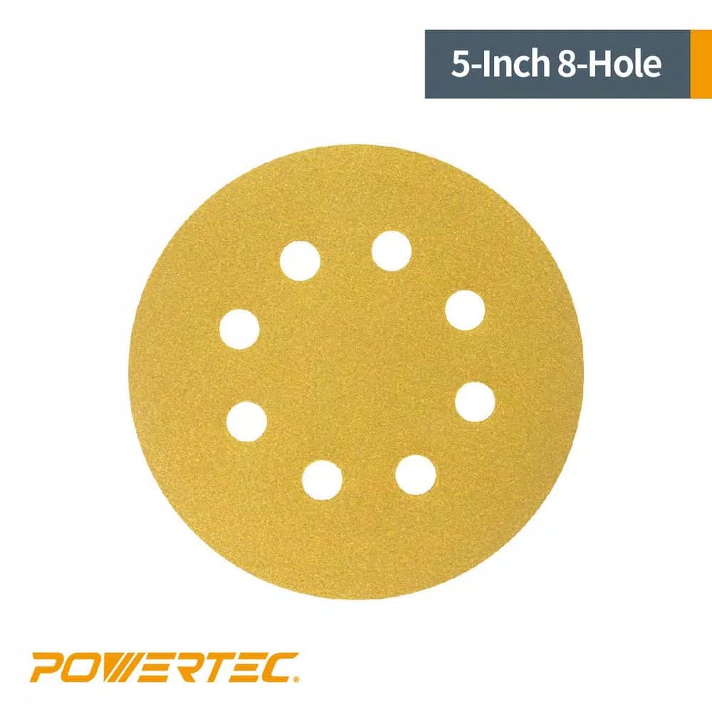 POWERTEC 5 in. 100 Grit Gold Hook and Loop Sanding Discs, 8-Hole (50-Pack)