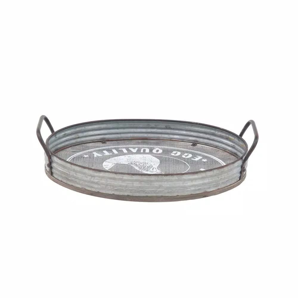 LITTON LANE Distressed Silver Galvanized Iron Decorative Trays with Handles, Set of 2