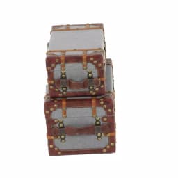 LITTON LANE Globetrotter Wood and Gray Burlap Fabric Decorative Storage Boxes with Leather Accents, Set of 2 thumbnail 5