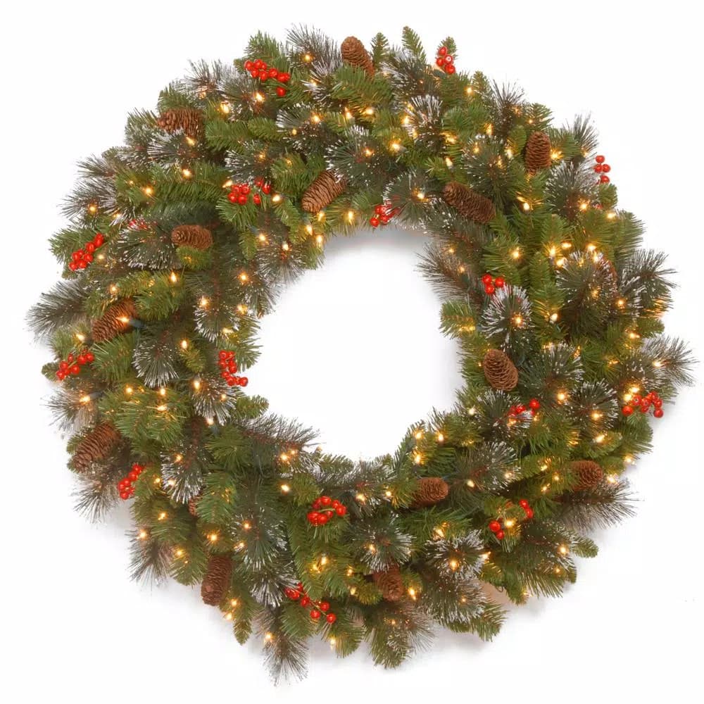 National Tree Company Crestwood Spruce 36 in. Artificial Wreath with 200 Clear Lights, Red Berries, and Pine Cones
