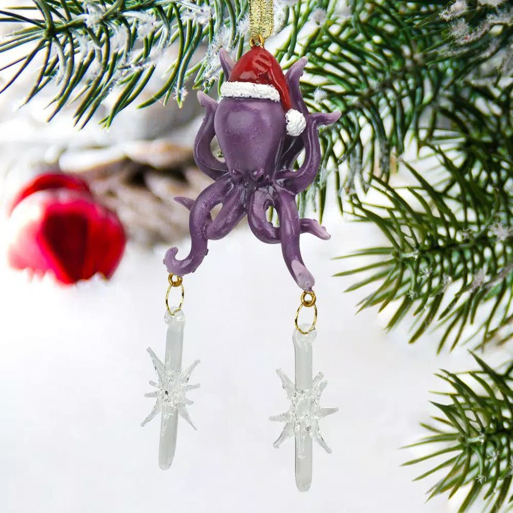 Design Toscano 5.5 in. Tenacious Tentacles Octopus Holiday Ornament with Santa Hat