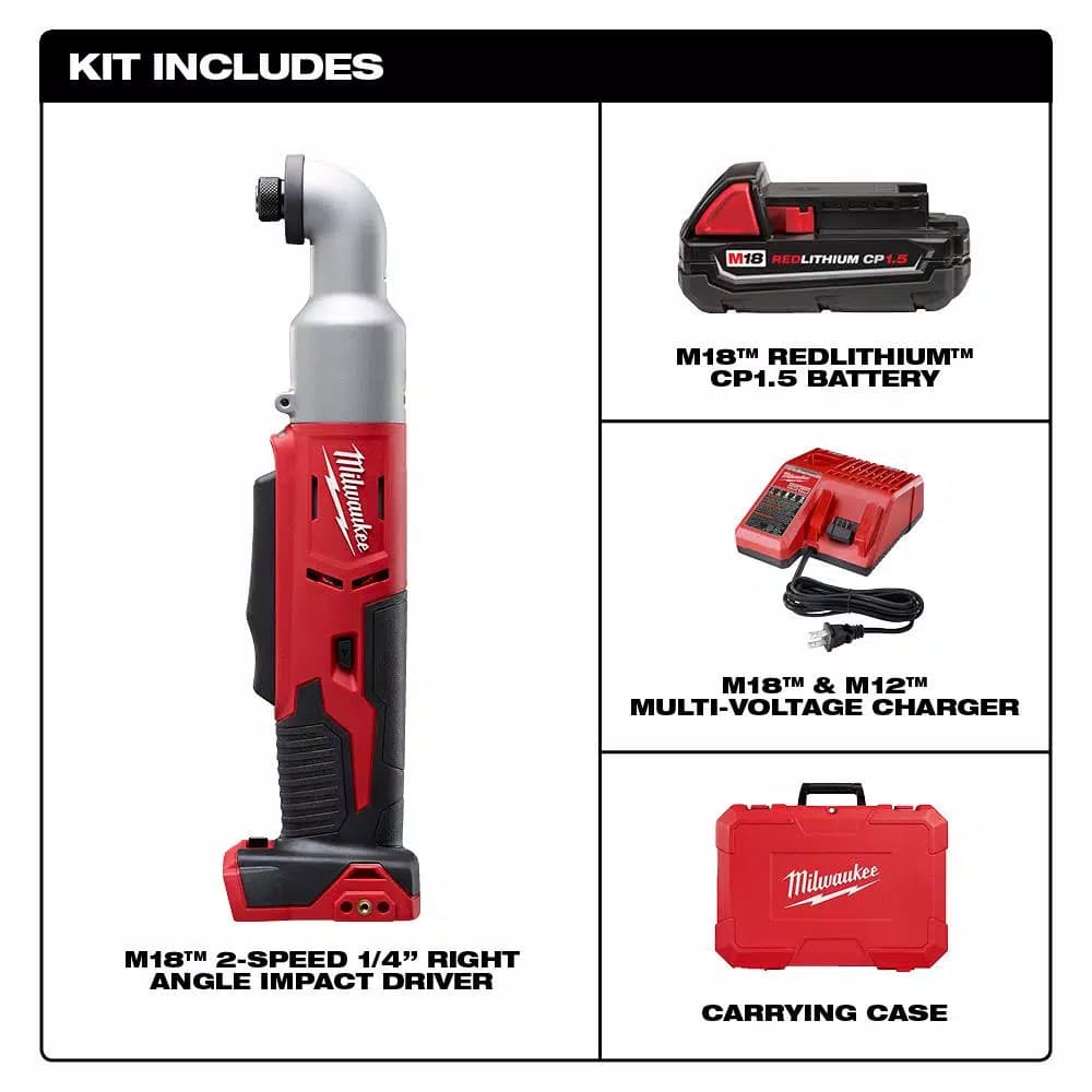 Milwaukee M18 18V Lithium-Ion Cordless 1/4 in. 2-Speed Right Angle Impact Driver Kit with 1.5Ah Battery & Charger