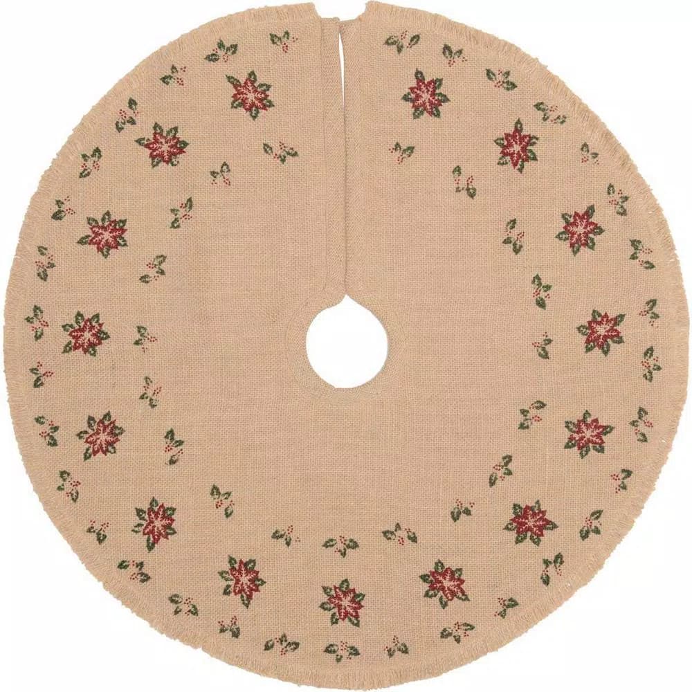 VHC Brands 21 in. Jute Burlap Poinsettia Tree Skirt - Natural Tan Holiday Decor
