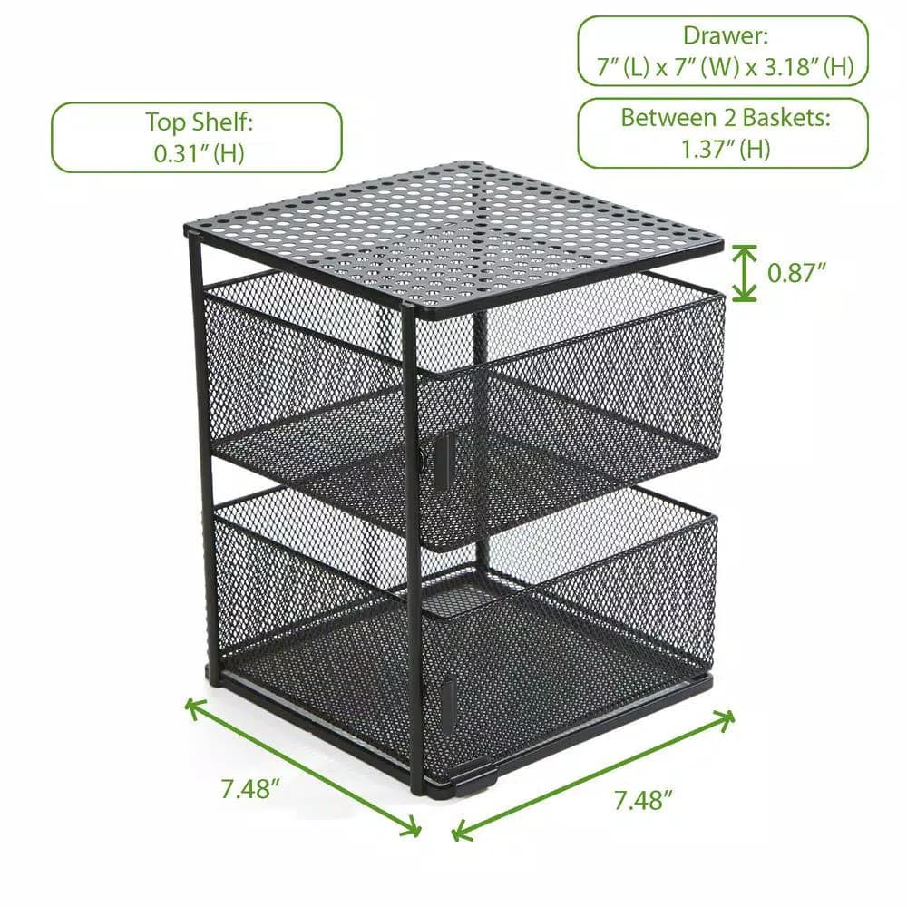 Mind Reader Rotating 2-Tier All-Purpose Organizer Shelf with Magnetic Baskets and Top Shelf, Black