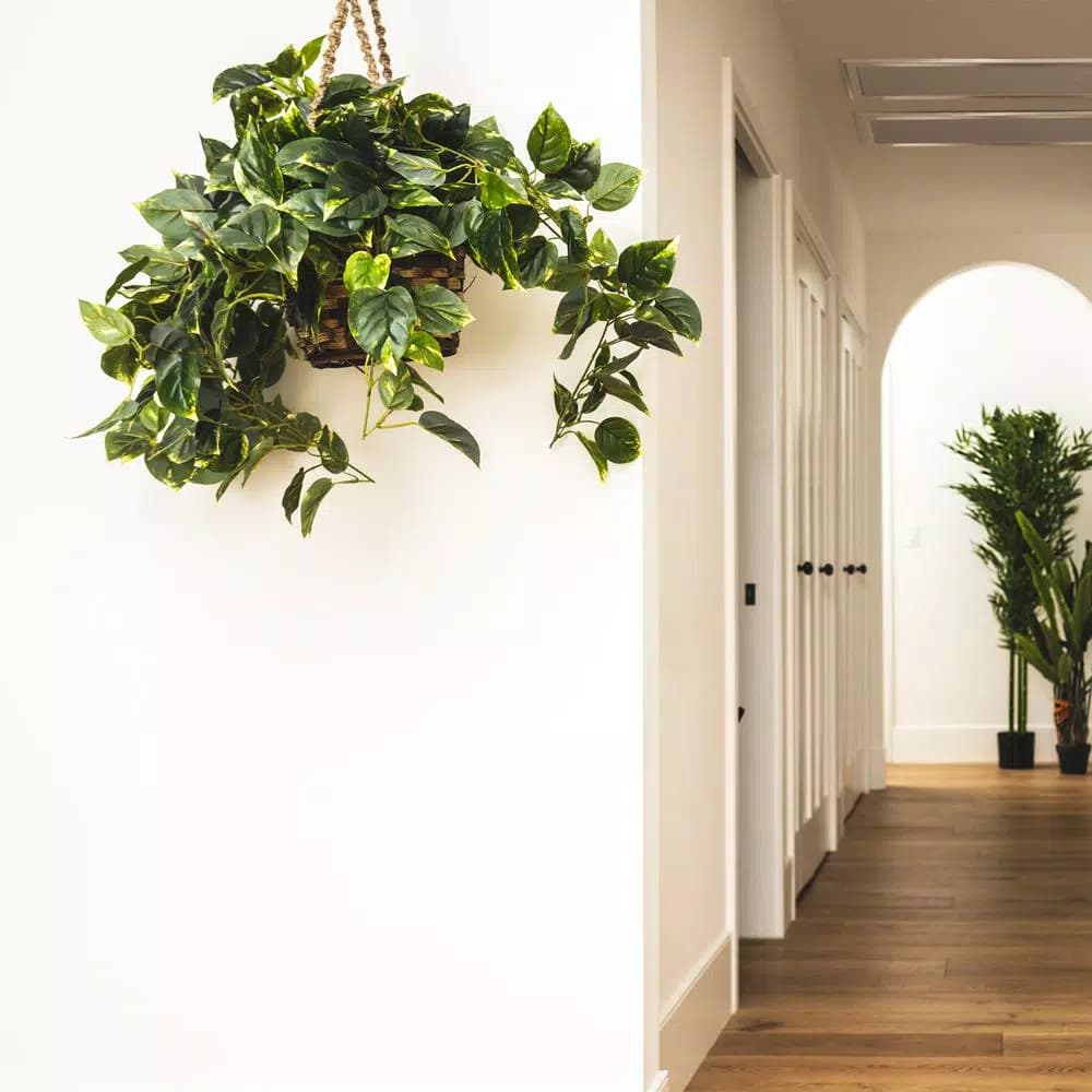 Nearly Natural Lifelike Pothos Silk Plant in Woven Roped Hanging Basket