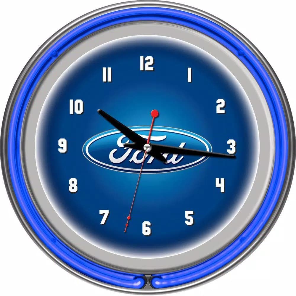 Ford Officially Licensed Double Ring Neon Wall Clock - Chrome Oval Design