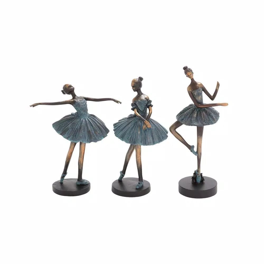 LITTON LANE Polystone Ballerina Tutu Sculptures Set of 3 - Teal and Brown Decorative Statues