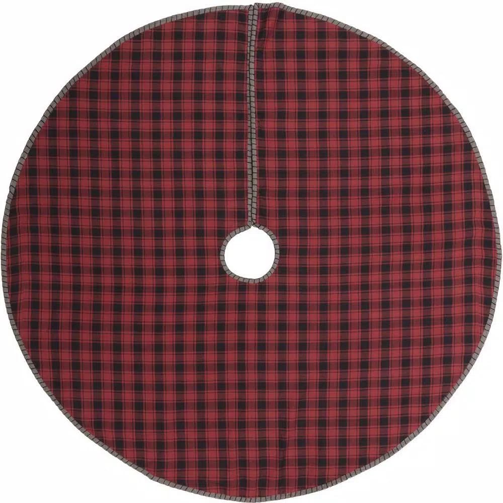 VHC Brands 48 in. Andes Charcoal Grey and Red Buffalo Check Rustic Cotton Christmas Tree Skirt