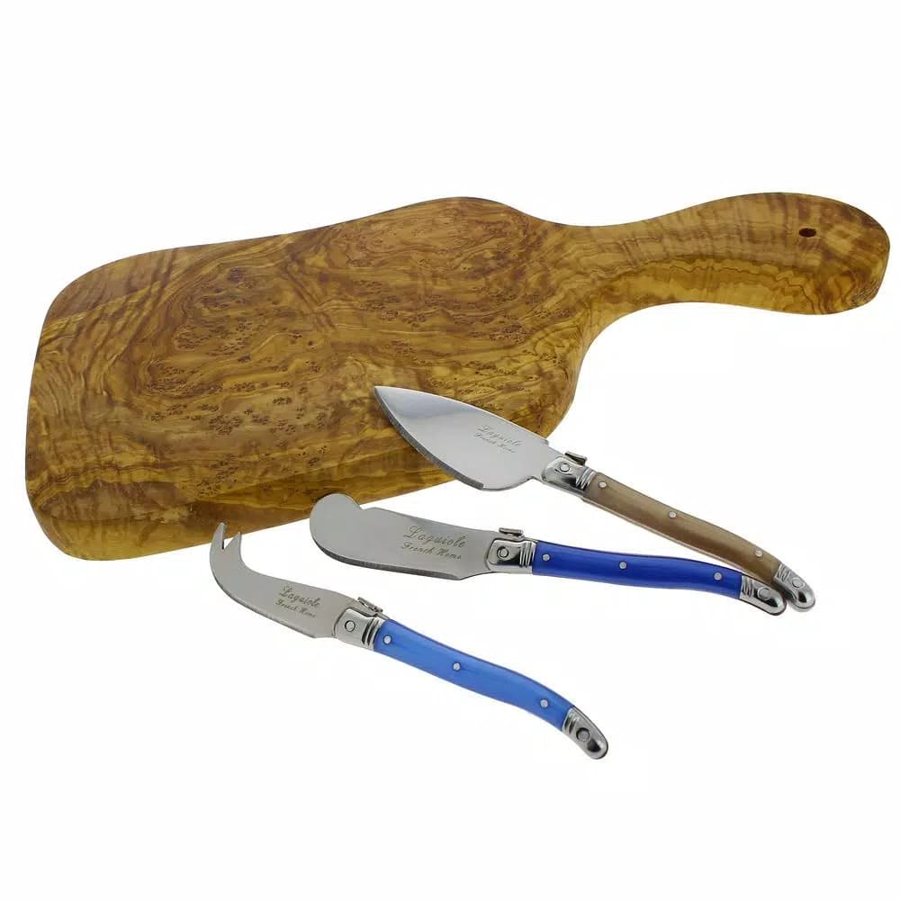 Unbranded 14 in. Olive Wood Cheese Board Set with 3 Laguiole Cheese Knives