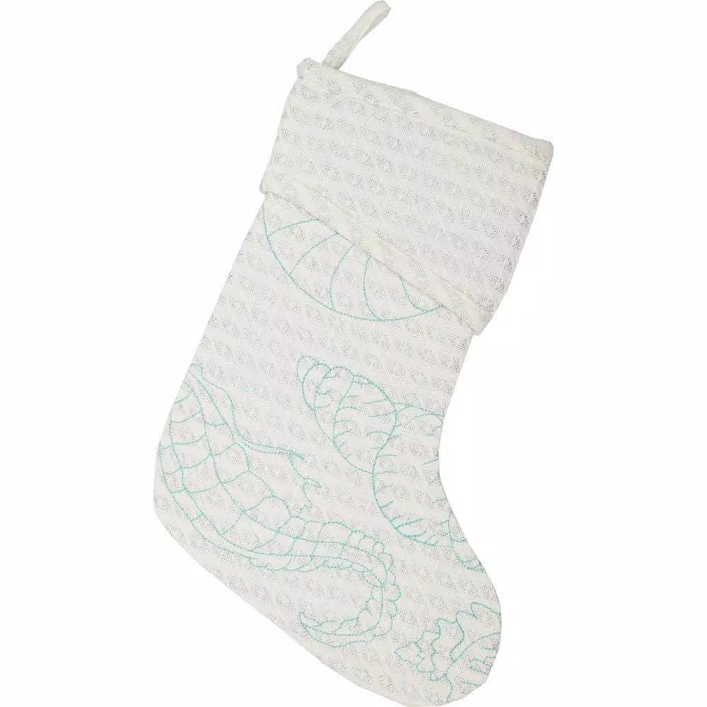 VHC Brands Arielle 15 in. Coastal Christmas Stocking - White Cotton with Metallic Silver Thread & Blue Aquatic Motif