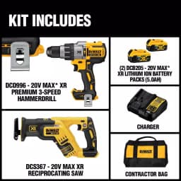 DEWALT 20V MAX XR Brushless Drill/Reciprocating Saw Combo Kit with (2) 5.0 Ah Batteries & Charger thumbnail 2