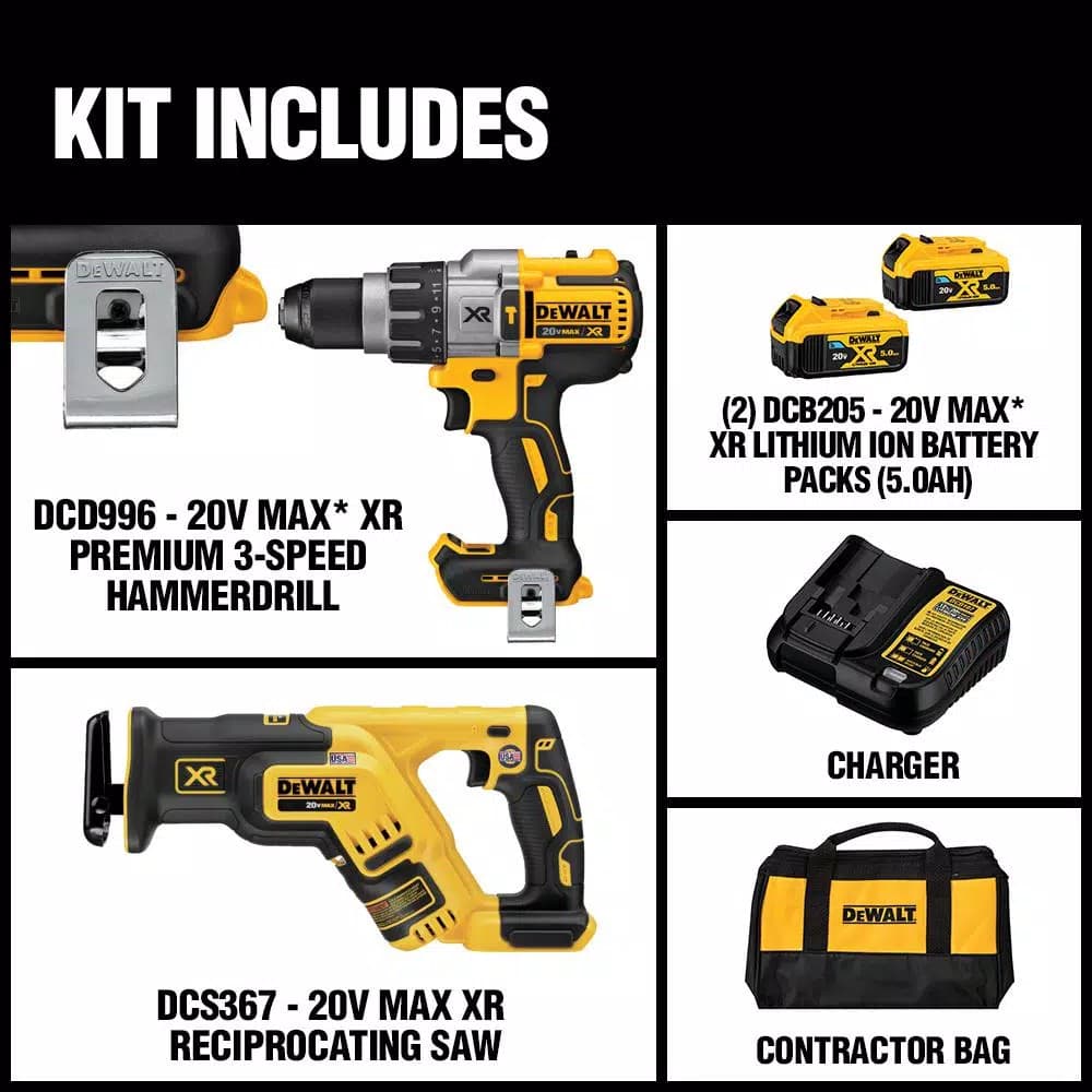 DEWALT 20V MAX XR Brushless Drill/Reciprocating Saw Combo Kit with (2) 5.0 Ah Batteries & Charger