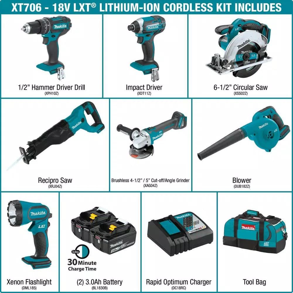 Makita 18V LXT Lithium-Ion Cordless 7-Piece Combo Kit XT706
