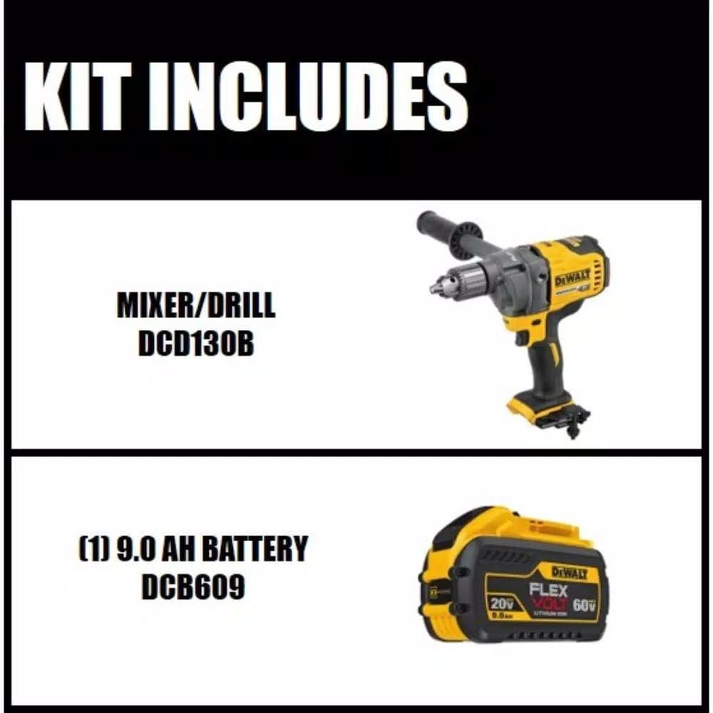 DEWALT DCD130B 60V MAX Cordless Brushless 1/2 in. Mixer/Drill with E-Clutch & (1) 9.0 Ah FLEXVOLT Battery