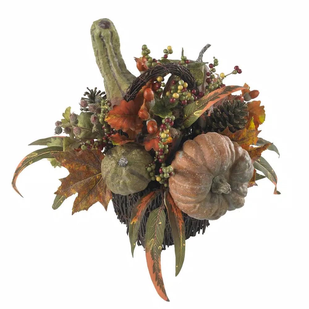 Nearly Natural 15 in. Fall Pumpkin and Berry Artificial Table Arrangement, Rustic Farmhouse Decor