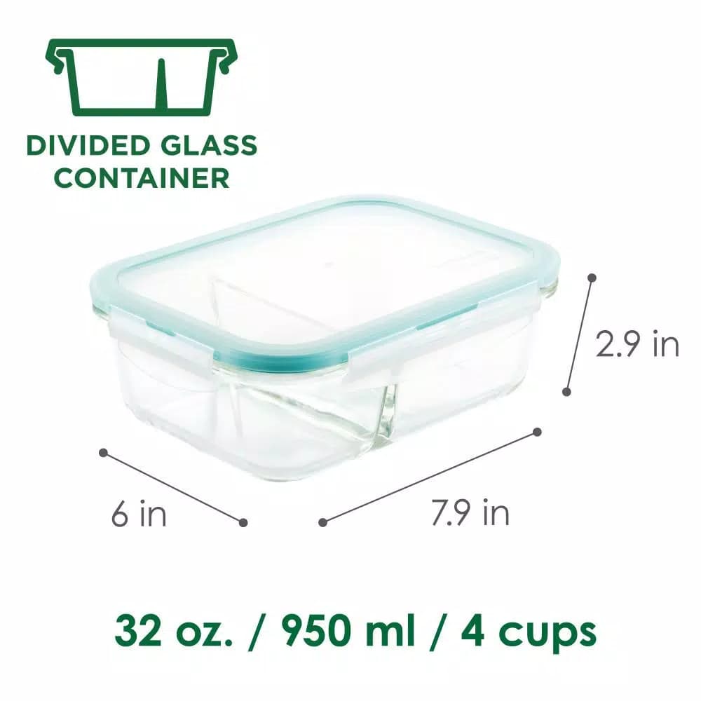 Lock & Lock Purely Better 32oz Divided Borosilicate Glass Food Storage Container, Rectangular