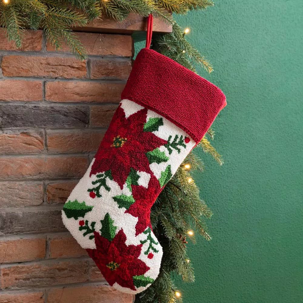 Glitzhome 21 in. Poinsettia Hooked Christmas Stocking - Acrylic and Polyester Holiday Decor