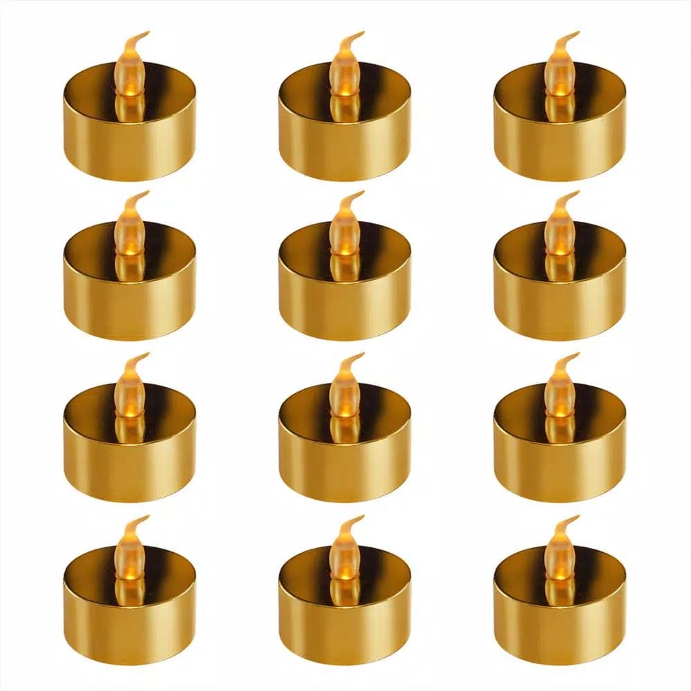 LUMABASE Gold Plated LED Tea Light Candles, 12-Count Battery Operated Flickering Amber Glow