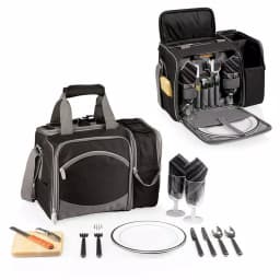 Picnic Time Malibu Black Wood Picnic Cooler Tote - Insulated Picnic Set for Two thumbnail 2