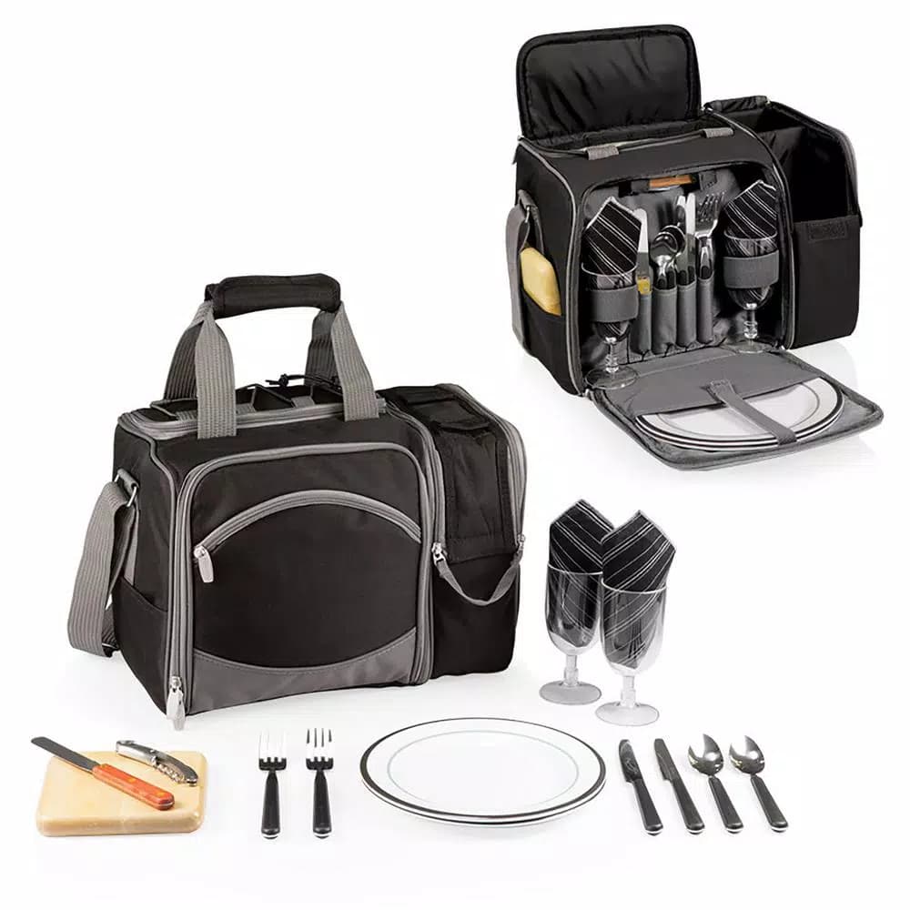 Picnic Time Malibu Black Wood Picnic Cooler Tote - Insulated Picnic Set for Two