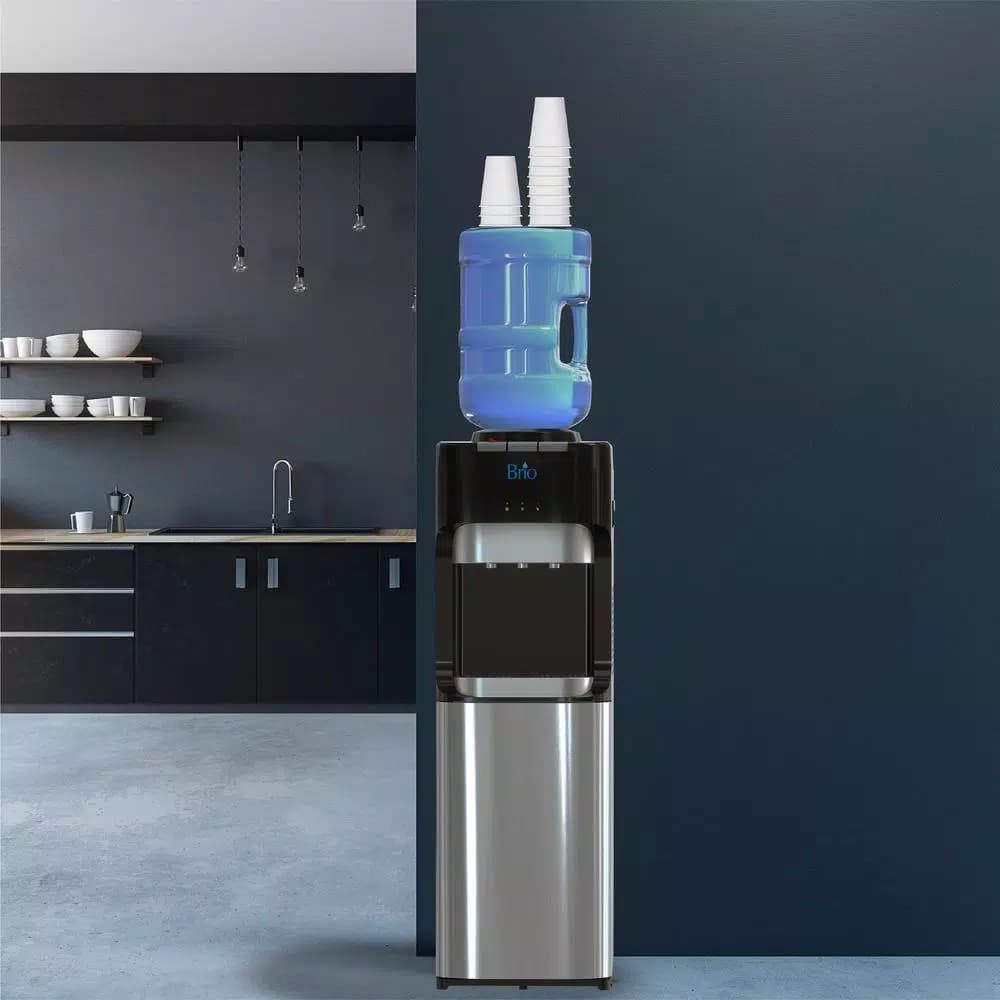 Brio Essential Series Tri-Temp Top Loading Water Cooler Dispenser, Black and Stainless Steel