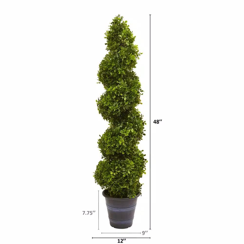 Nearly Natural 48 in. Boxwood Spiral Topiary with Gray Planter - Indoor/Outdoor Artificial Plant