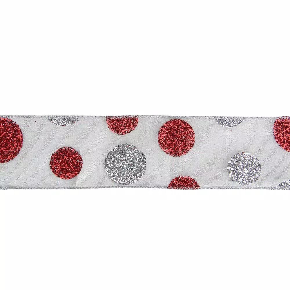 Northlight Silver and Red Glitter Polka Dot Metallic Wired Ribbon, 2.5 in. x 16 yds.