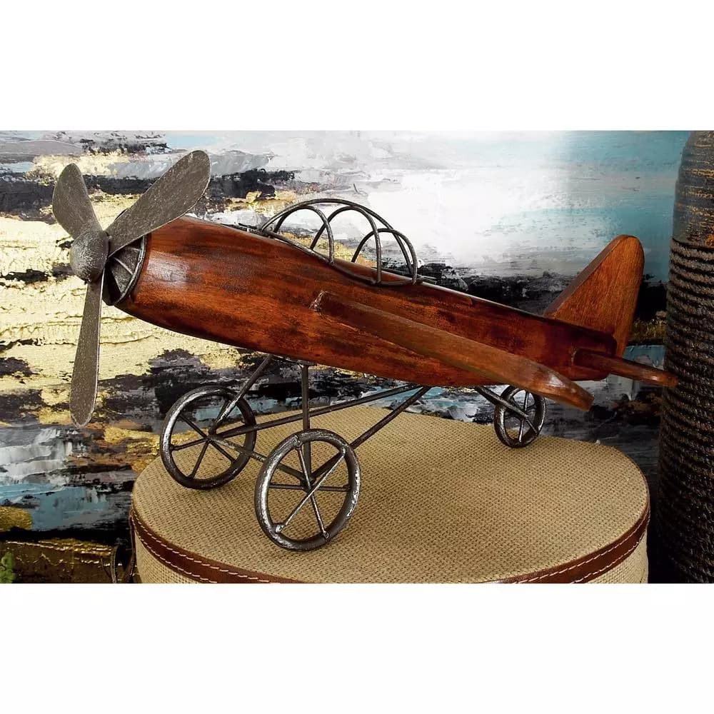 LITTON LANE Vintage Reflections 16" Rustic Wood and Iron Model Airplane Sculpture