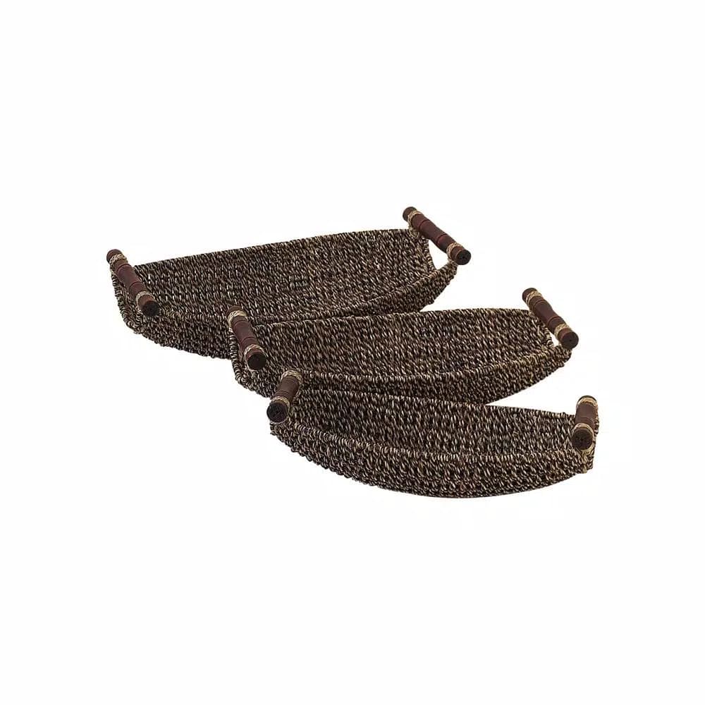 LITTON LANE Globe Trotter Set of 3 Seagrass Boat-Shaped Trays with Cherrywood Dowel Handles