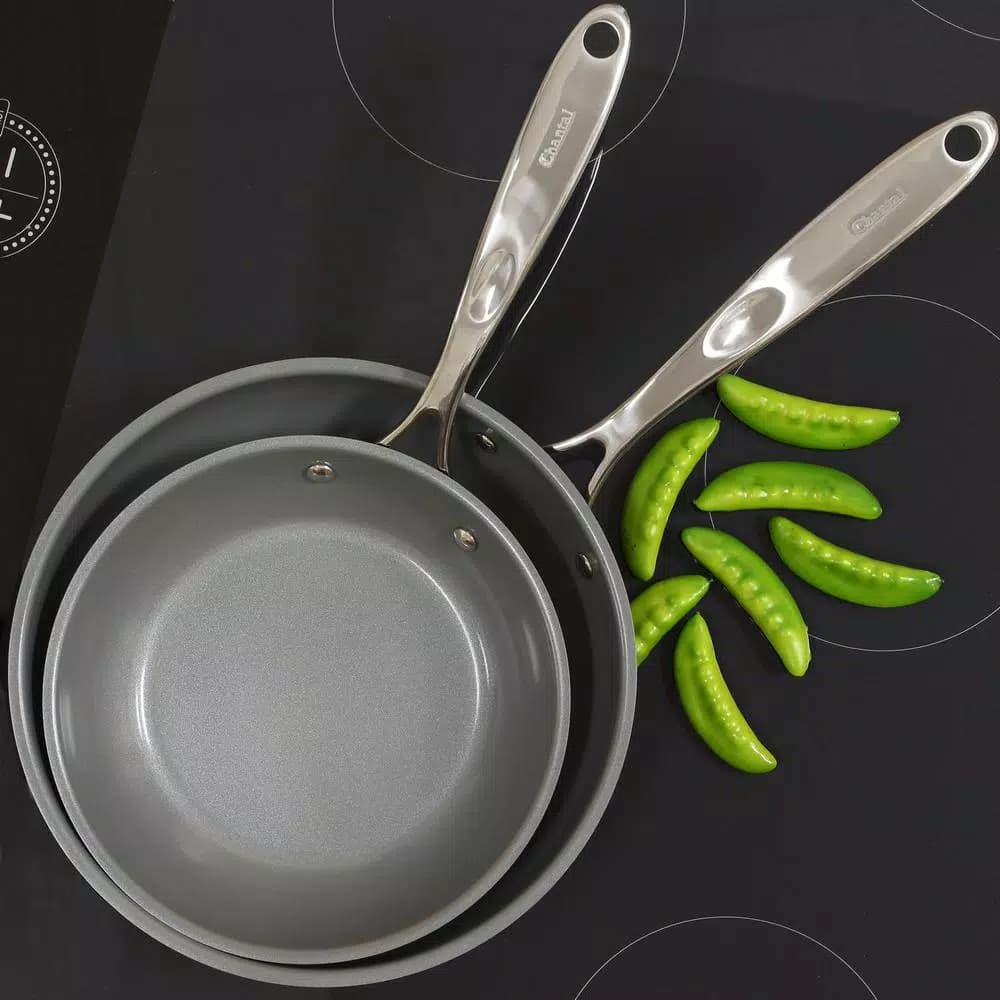 Chantal Induction 21 Steel 2-Piece Ceramic Nonstick Stainless Steel Frying Pan Set, Brushed Stainless Steel
