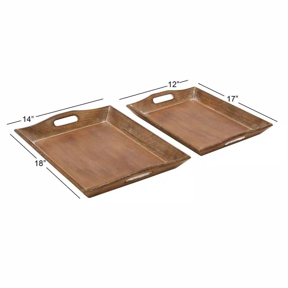 LITTON LANE Distressed Brown Decorative Wooden Trays, Set of 2, Mango Wood & MDF