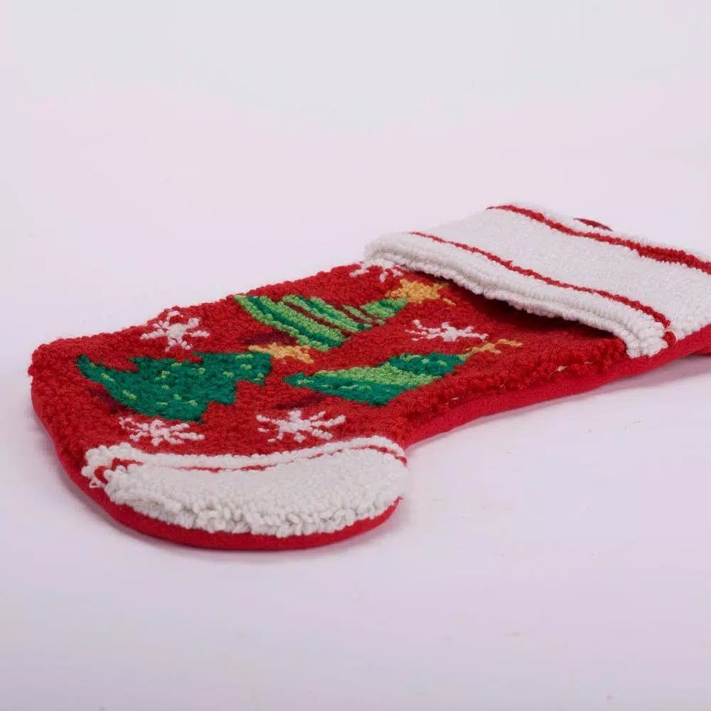 Glitzhome 19 in. Handmade Hooked Christmas Tree Stocking - Red, White, and Green
