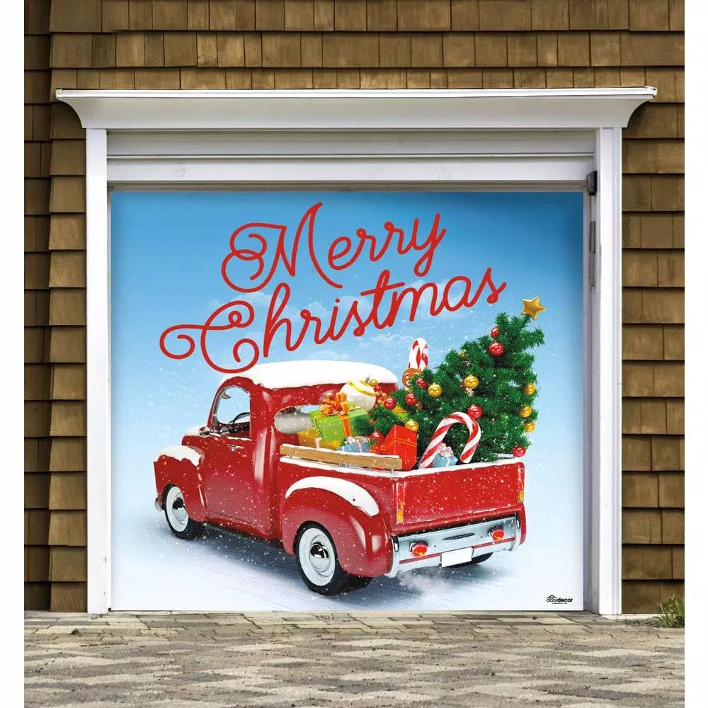 My Door Decor 7 ft. x 8 ft. Red Truck Christmas Garage Door Mural Banner