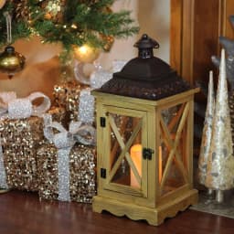 Gerson 17.5 in. Rustic Wooden Lantern with Brown Metal Top and LED Flameless Pillar Candle with Timer thumbnail 4