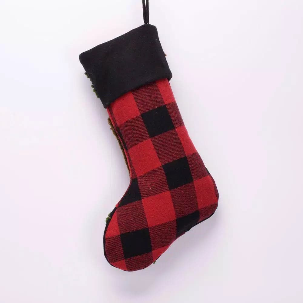 Glitzhome 19 in. Plaid Christmas Stocking with Handmade Rug Hooked Bear and Embroidery