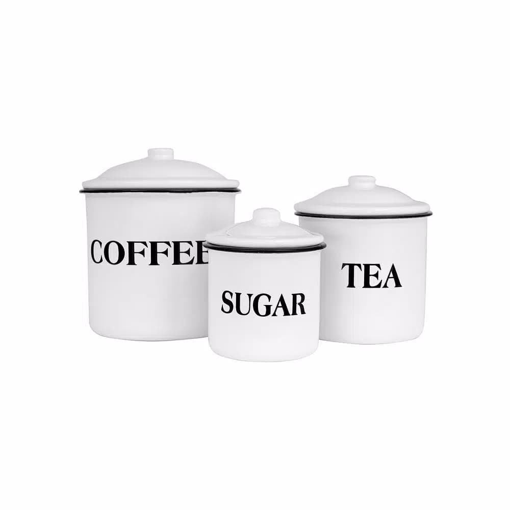 3R Studios 3-Piece White Metal Kitchen Canister Set with Coffee, Tea, and Sugar Labels