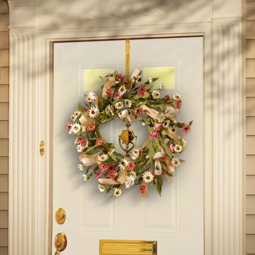 National Tree Company 22 in. White and Pink Sunflower Wreath with Burlap Bows