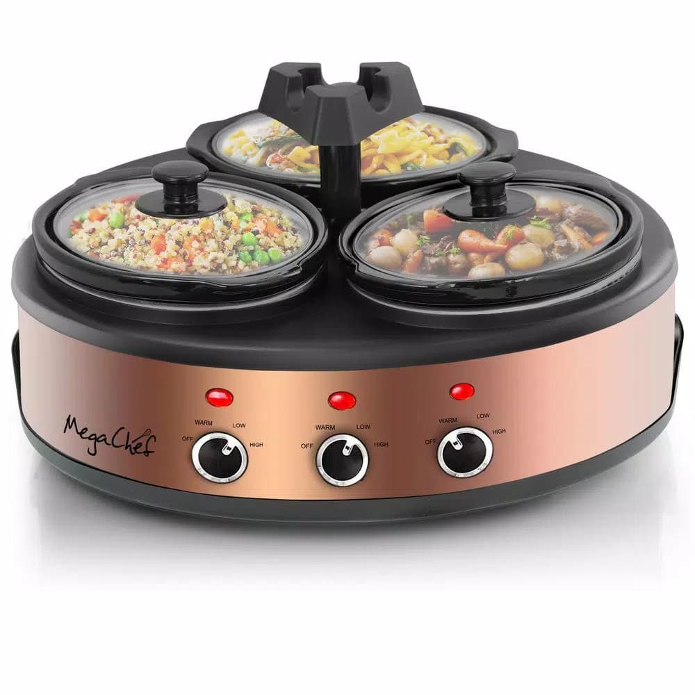 MegaChef Triple 4.5 Qt. Copper Slow Cooker and Buffet Server with 3 Ceramic Pots