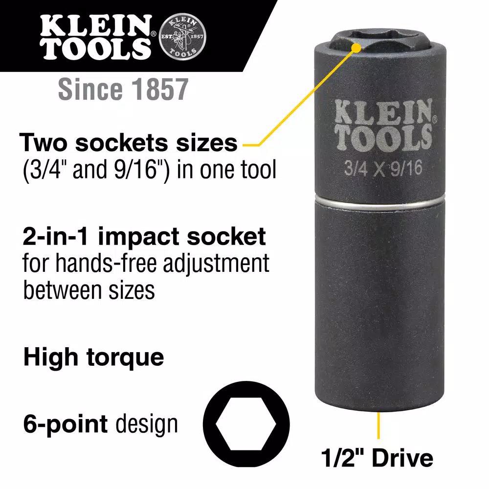 Klein Tools 1/2 in. Drive 2-in-1 Deep Impact Socket, 6-Point, 3/4 in. and 9/16 in.