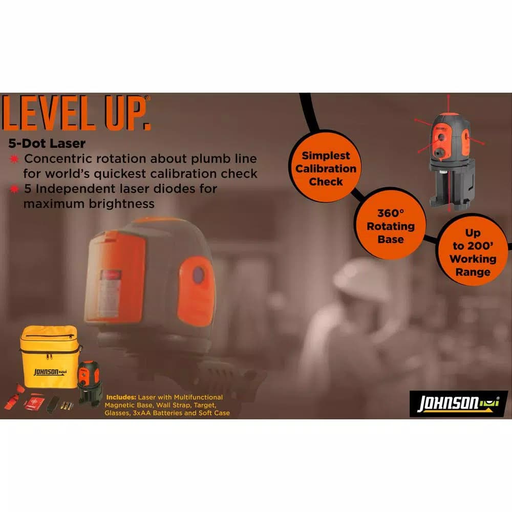 Johnson 5-Beam Self-Leveling Red Laser Level with Magnetic Multi-Functional Base