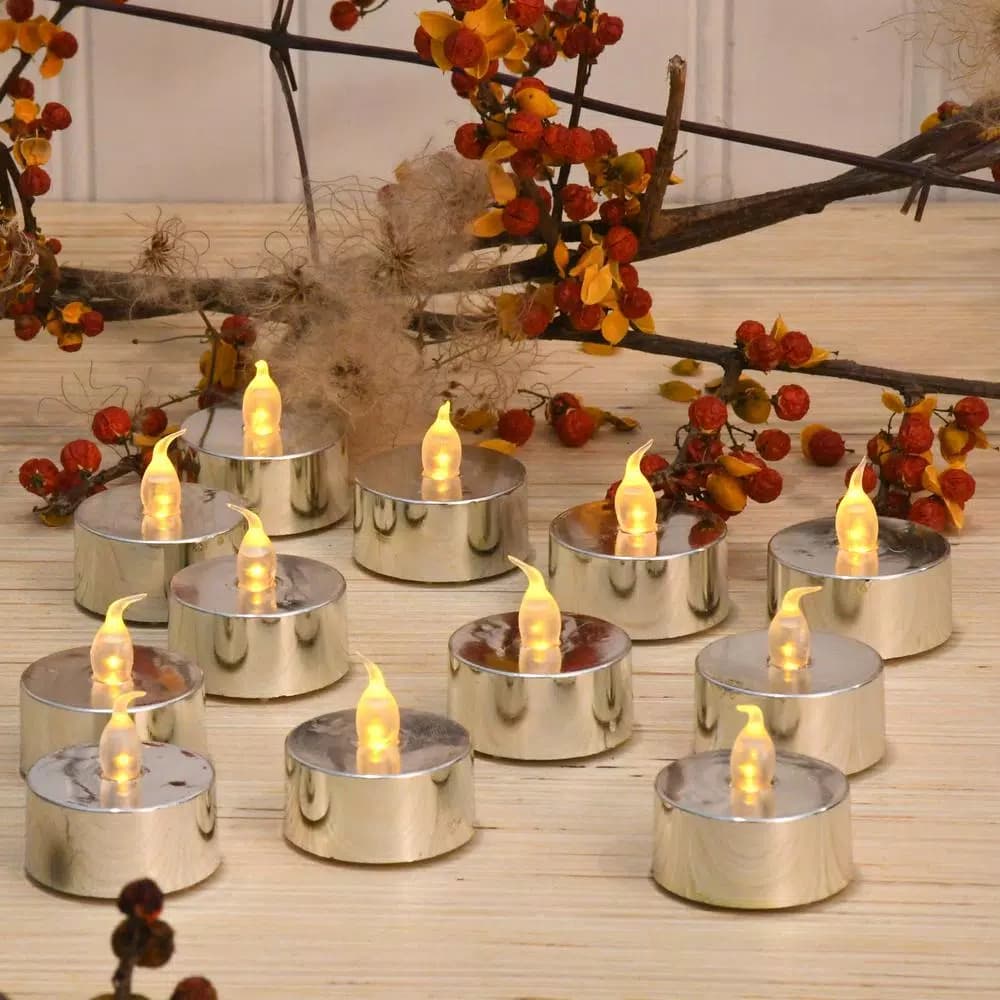 LUMABASE Silver Plated LED Tea Light Candles, 12-Count Battery Operated Flickering Amber Glow