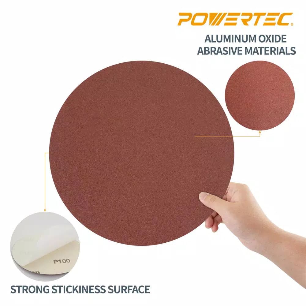 POWERTEC 12 in. 180 Grit Aluminum Oxide PSA Sanding Discs, 10-Pack